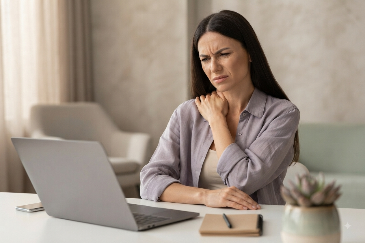 L'hypnose pour soulager la douleur chronique au quotidien Femme en souffrance au travail trouvant un soutien grâce à l'hypnose pour la fibromyalgie.